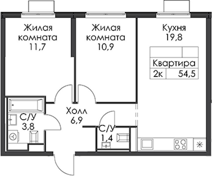 2-комнатная квартира 54.5 м², 14/24 эт., ЖК «Заречный парк»